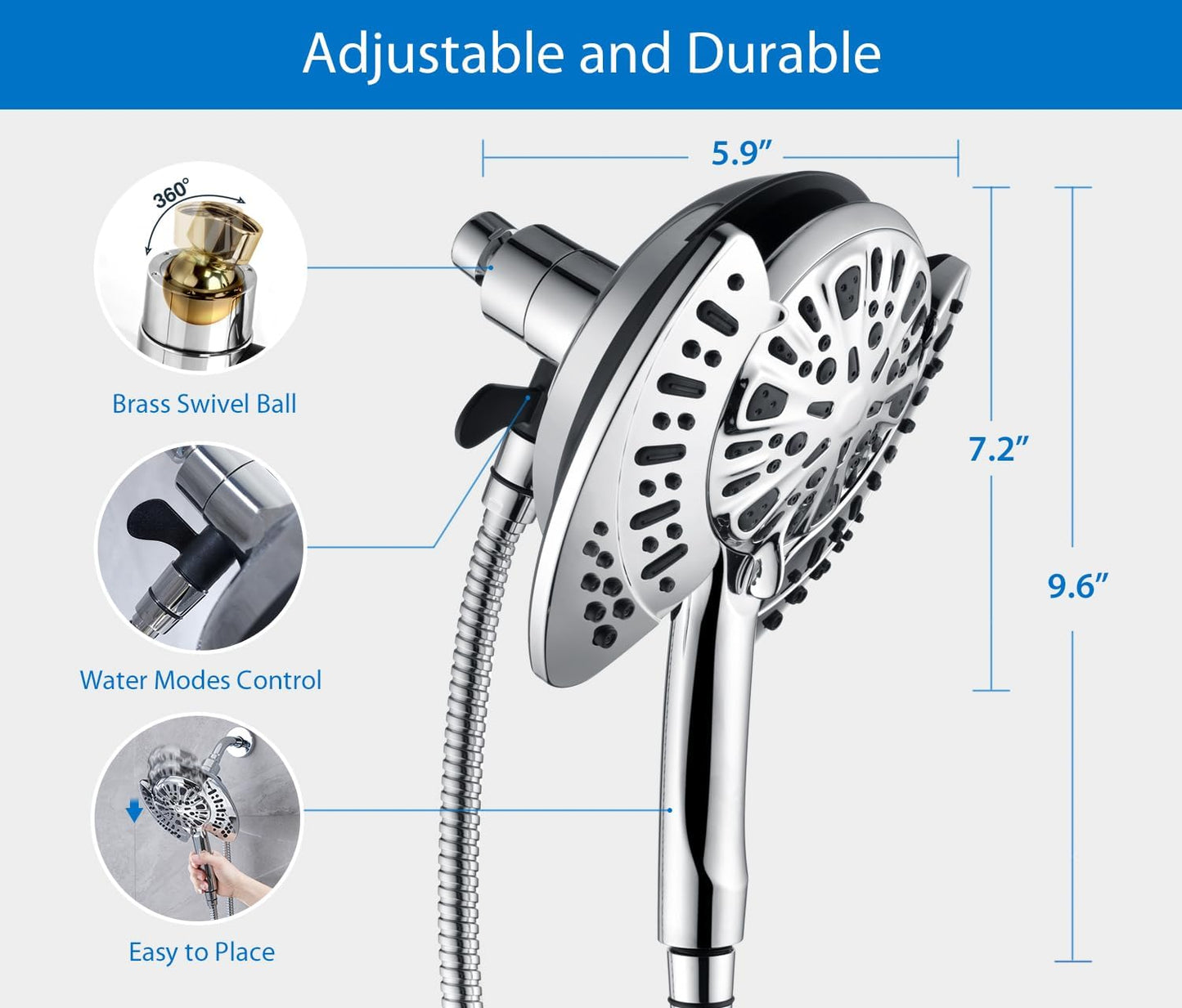 INAVAMZ Shower Head with Handheld High Pressure: Hand Held Shower Head & Rain Shower Head 2-IN-1 Shower Head with 59" Rotatable Stainless Steel Hose, Shower Trim Systems, Sliver 2.5 GPM 15391 Filter