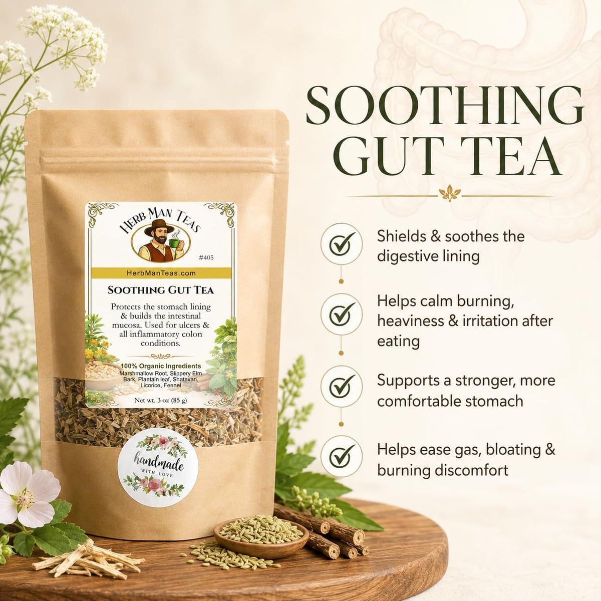SOOTHING GUT TEA - Slippery Elm, Marshmallow Root, Fennel - Protects the stomach lining & builds the intestinal mucous for happy intestine - Organic Loose Leaf formulated by master herbalist Khabir
