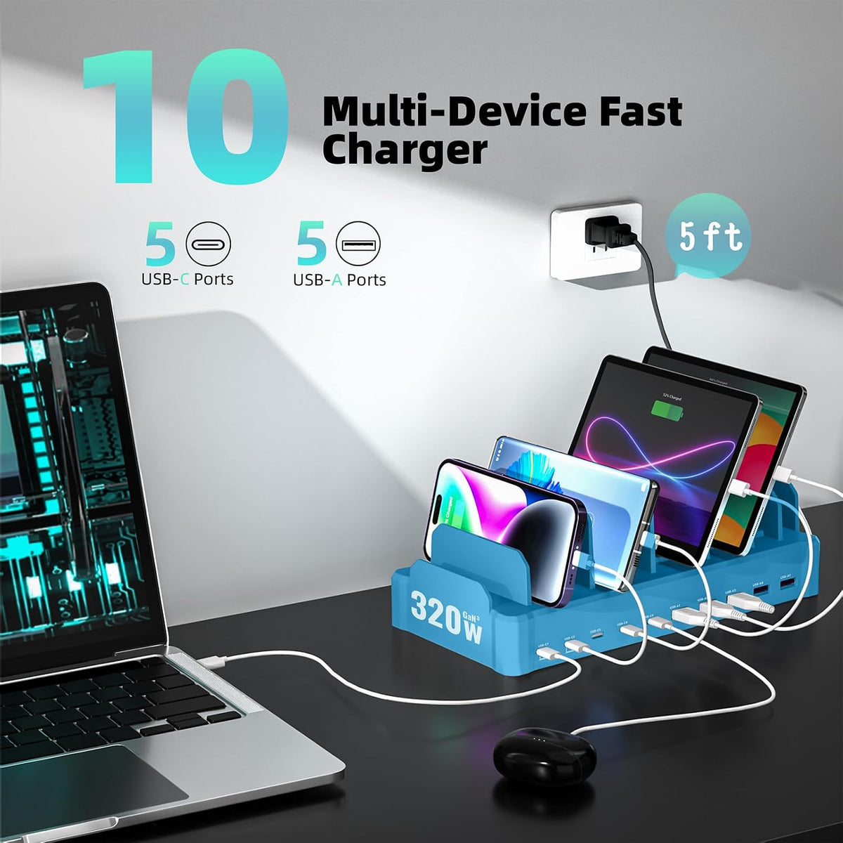 Zobirez 420W 10-Port Fast USB Charging Station for Multiple Devices, Black