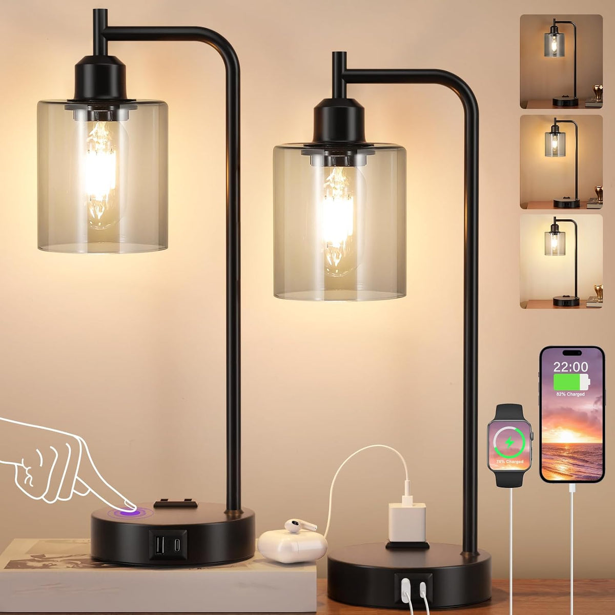 Industrial Touch Lamps for Nightstand Set of 2, 3-Way Dimmable Bedside Lamp