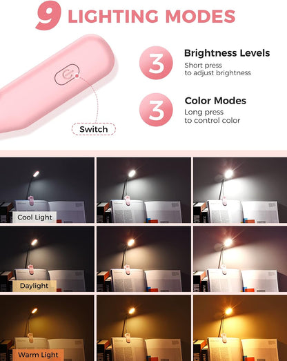 Monotremp Book Lights for Reading at Night in Bed, 80 Hours Runtime Rechargeable Reading Lights for Books in Bed, 3 Brightness Levels × 3 Color Temperatures, 1.3 oz Lightweight