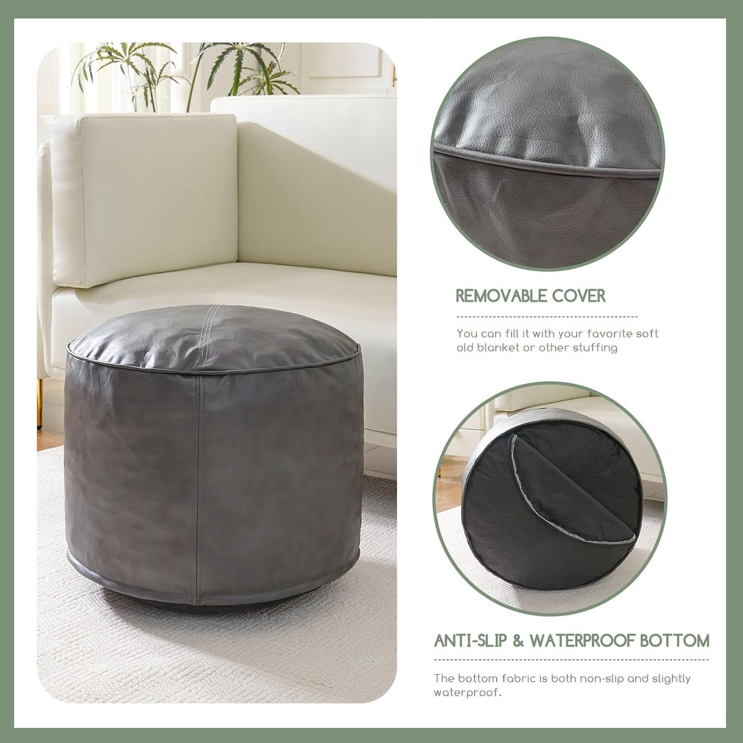 HIGOGOGO Round Stuffed Pouf Ottoman, Pu Leather Poufs with Foam Chunk Filling, Furry and Fluffy Pouf Foot Stool Storage Ottoman, 20 X 15 Floor Poufs Foot Rest for Living Room,Dark Brown