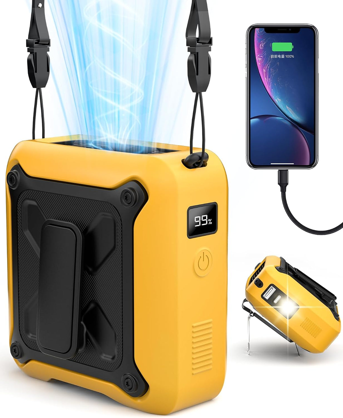Portable Waist Fan Clip on Belt Under Shirt w/LED Display & Flashlight, 8000mAh Battery Powered, Rechargeable 5-Speed 14600RPM Personal Cooling Fan for Construction, Warehouse, Outdoor Jobsite, Orange
