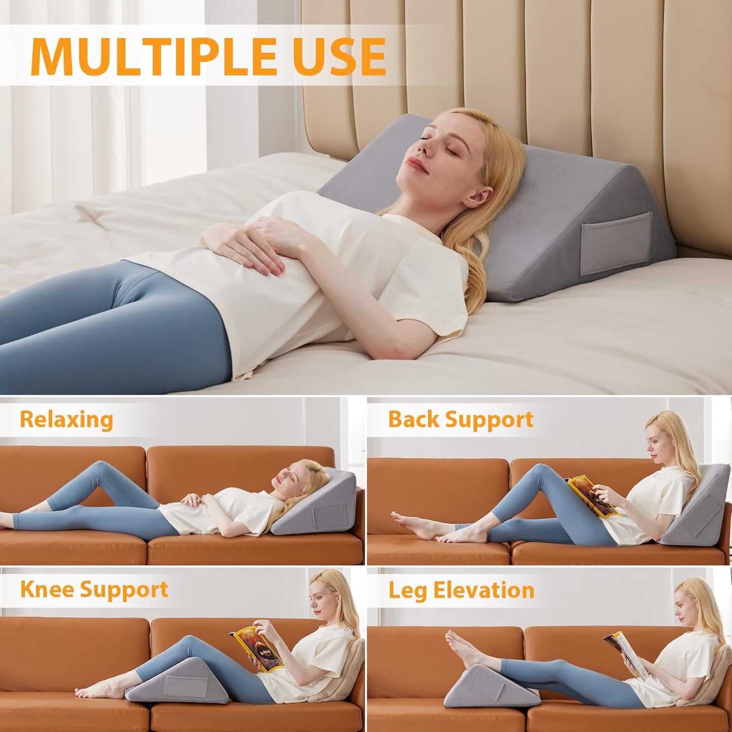 Ruqmuis Knee Pillow for Back Sleeping, 8” Knee Wedge Pillow to Elevate Knee, Leg Pillow for Back Pain Relief, Triangle Pillow, Leg Elevation Pillows for After Surgery, Blood Circulation, White/Grey