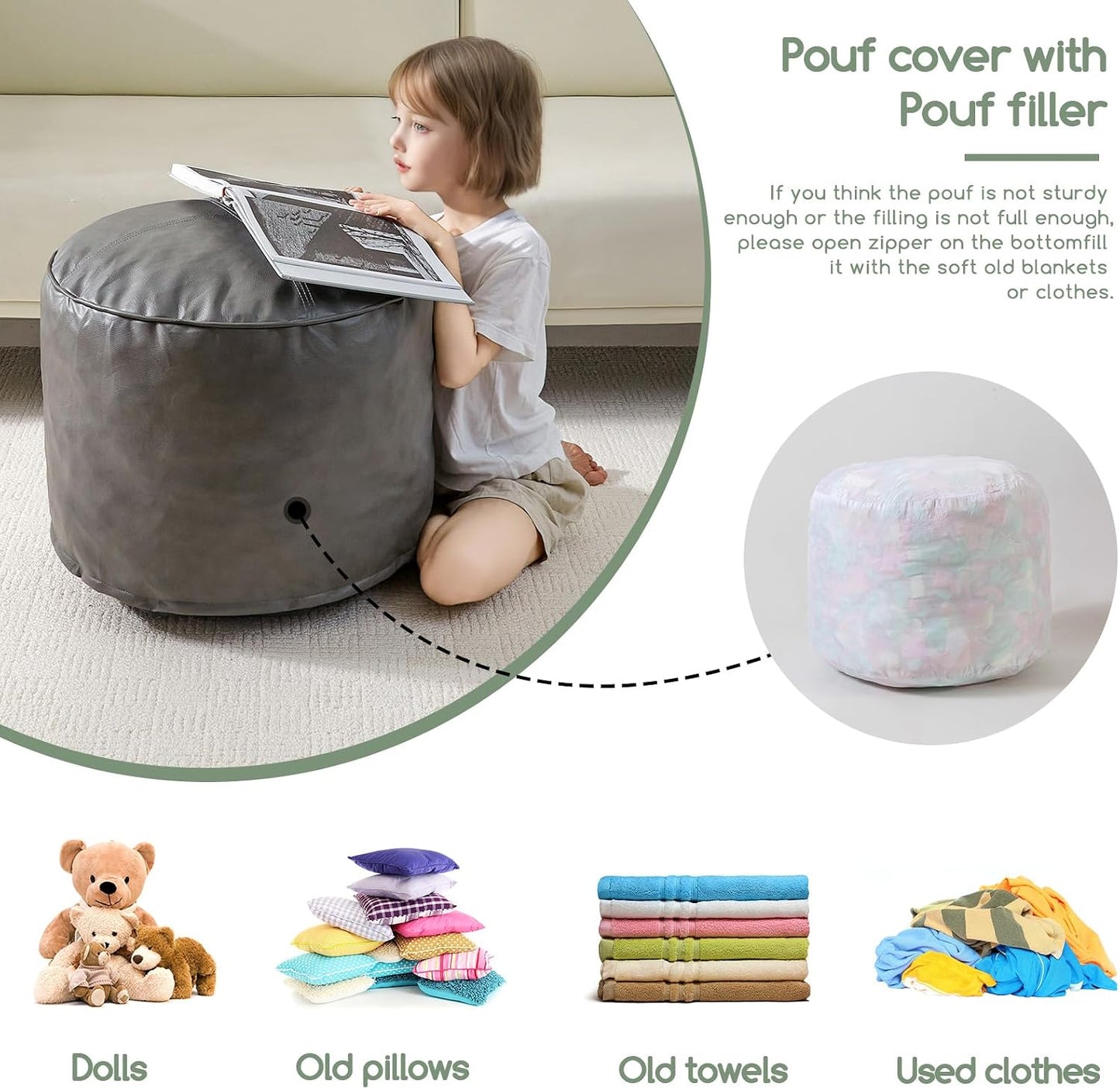 HIGOGOGO Round Stuffed Pouf Ottoman, Pu Leather Poufs with Foam Chunk Filling, Furry and Fluffy Pouf Foot Stool Storage Ottoman, 20 X 15 Floor Poufs Foot Rest for Living Room,Dark Brown