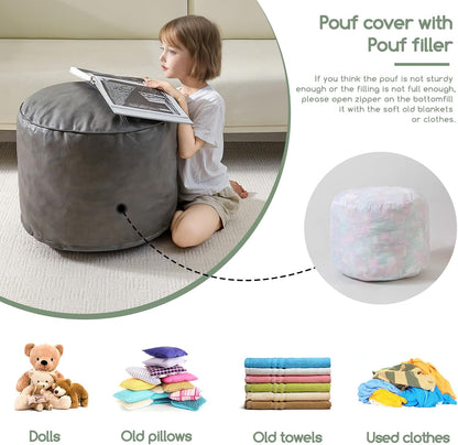HIGOGOGO Round Stuffed Pouf Ottoman, Pu Leather Poufs with Foam Chunk Filling, Furry and Fluffy Pouf Foot Stool Storage Ottoman, 20 X 15 Floor Poufs Foot Rest for Living Room,Dark Brown