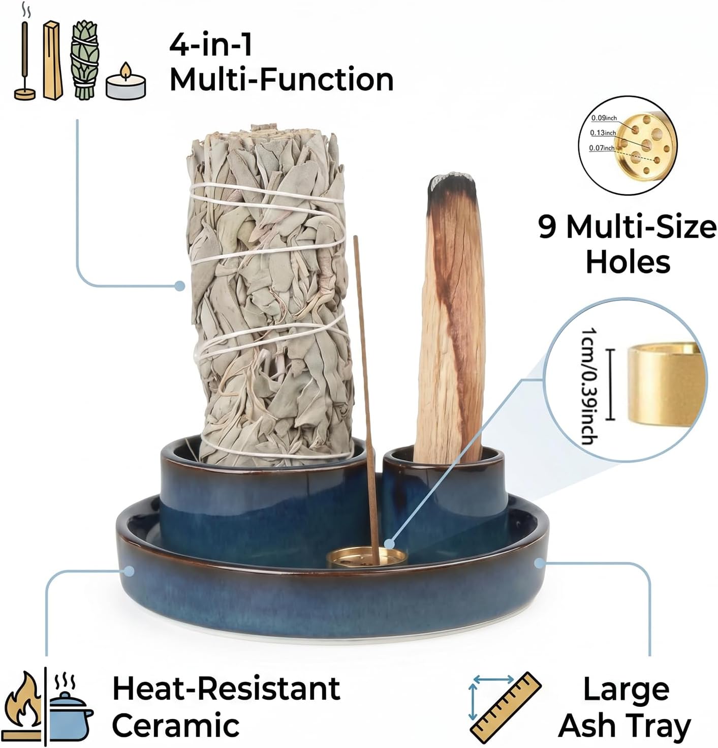 4 in 1 Ceramic Incense Holder, Multi-Function Incense Stick Palo Santo Sage Burner, Ash Catcher Tray for Meditation Yoga Room, Blue, 4.25 Inch