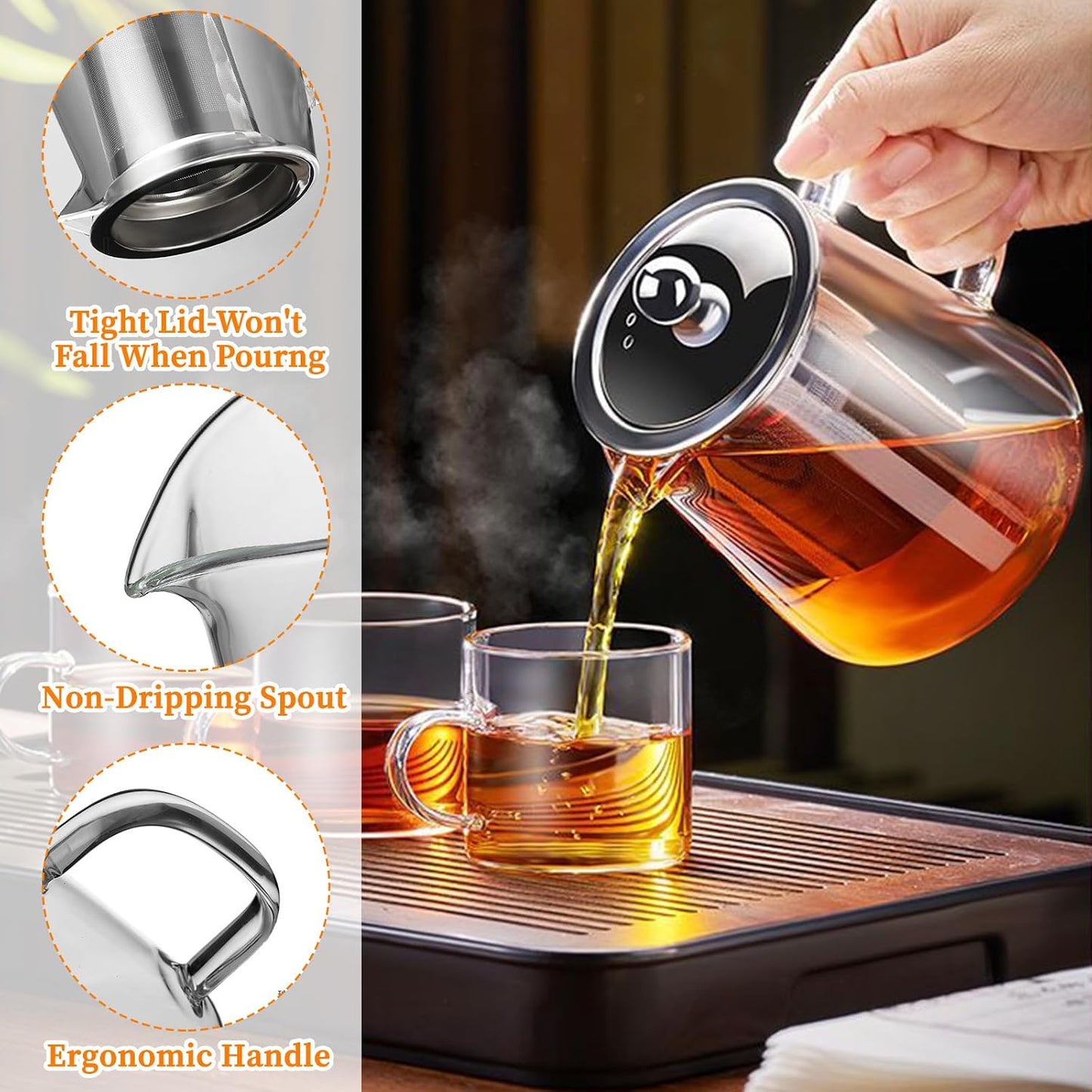 Glass Teapot with Stainless Steel Infuser, Borosilicate Tea Kettle, Clear Tea Maker for Loose Leaf Tea (550ML)