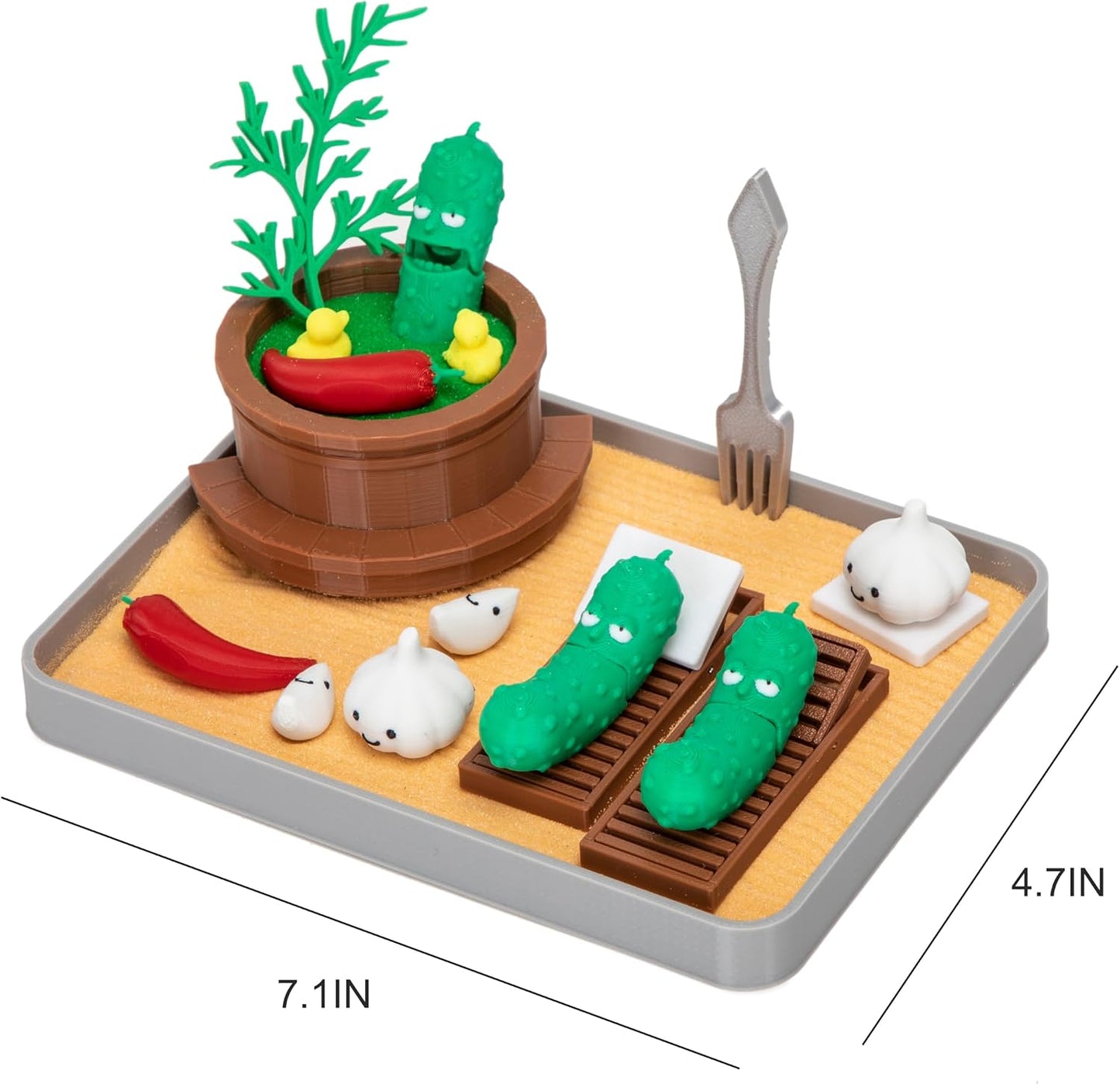 Stylor Pickle Zen Garden Office Desk Decor - Mini Decorative Therapy Sand Tray with Pickle Figurines and Wooden Barrel, Humorous Funny Stress Relief Gift Kit