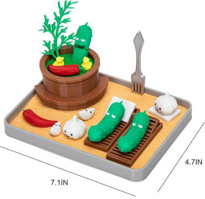 Stylor Pickle Zen Garden Office Desk Decor - Mini Decorative Therapy Sand Tray with Pickle Figurines and Wooden Barrel, Humorous Funny Stress Relief Gift Kit