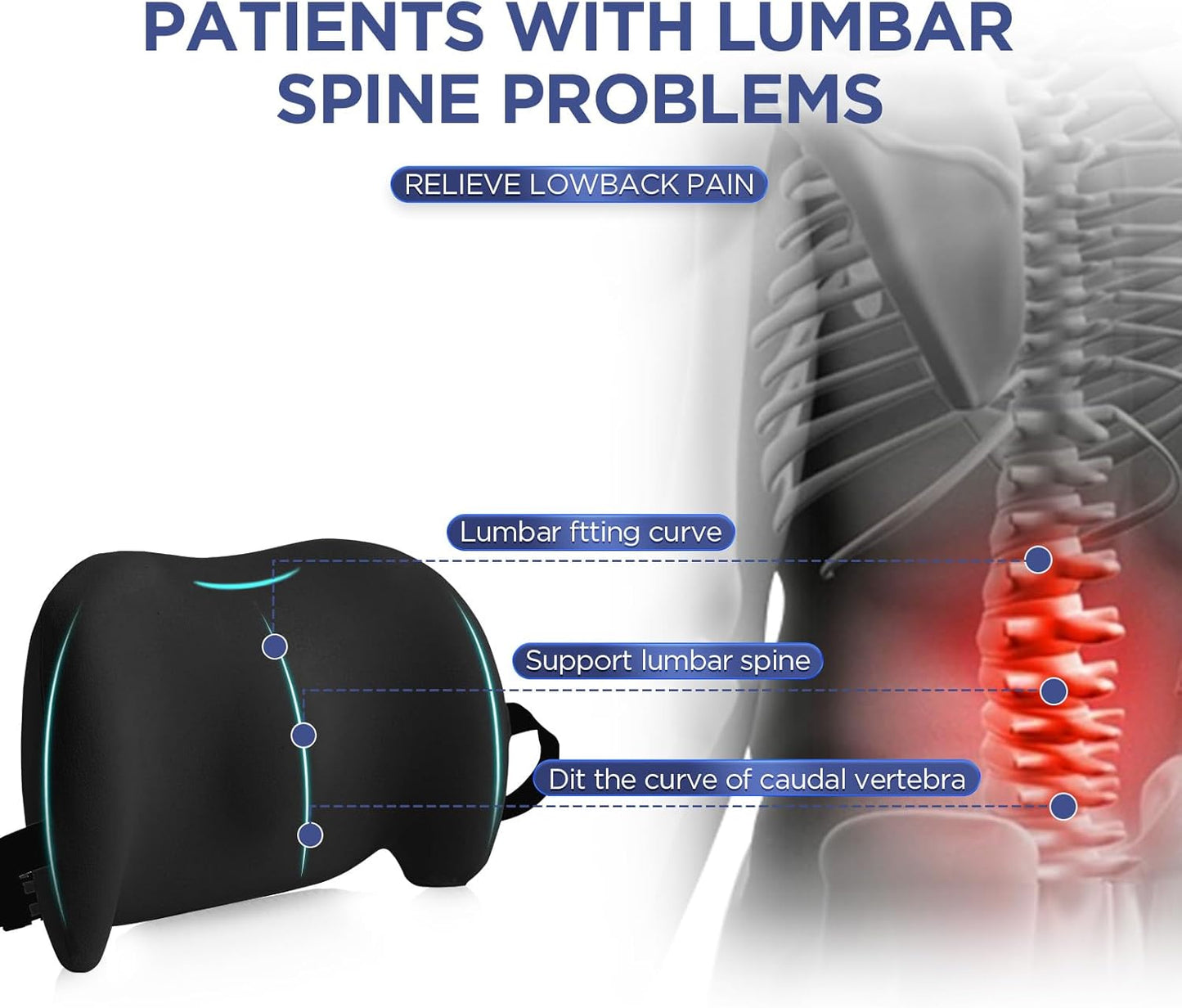 Lumbar Support Pillow for Office Chair, Car Lumbar Pillow Lower Back Pain Relief, Memory Foam Back Cushion with 4D Mesh Cover and Adjustable Straps, Ergonomic Chair Back Pillow for Car,Bed, Gaming