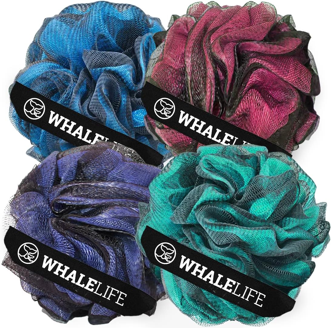 WhaleLife Loofah Bath Sponges - Black Gentle Exfoliating Shower Loofah for Rich Lather, Durable Mesh Body Scrubber for Men & Women 4 Pack