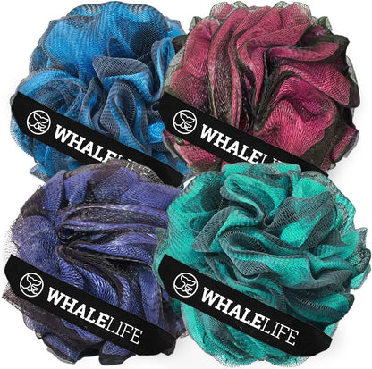 WhaleLife Loofah Bath Sponges - Black Gentle Exfoliating Shower Loofah for Rich Lather, Durable Mesh Body Scrubber for Men & Women 4 Pack