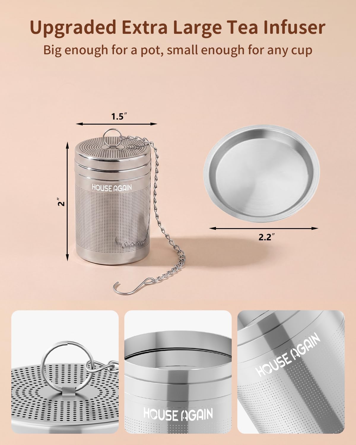 House Again Large Tea Infusers, Extra Fine Mesh Tea Strainers for Loose Tea, Slim Threaded Lid & 304 Stainless Steel, Filter Bags Diffusers, Loose Leaf Tea Steeper for Brew Tea Spices & Seasonings