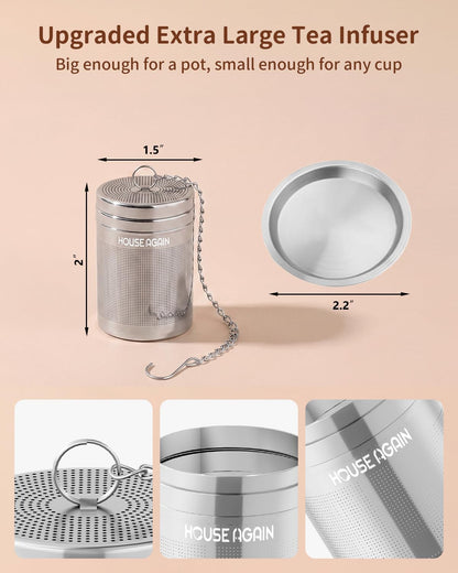 House Again Large Tea Infusers, Extra Fine Mesh Tea Strainers for Loose Tea, Slim Threaded Lid & 304 Stainless Steel, Filter Bags Diffusers, Loose Leaf Tea Steeper for Brew Tea Spices & Seasonings