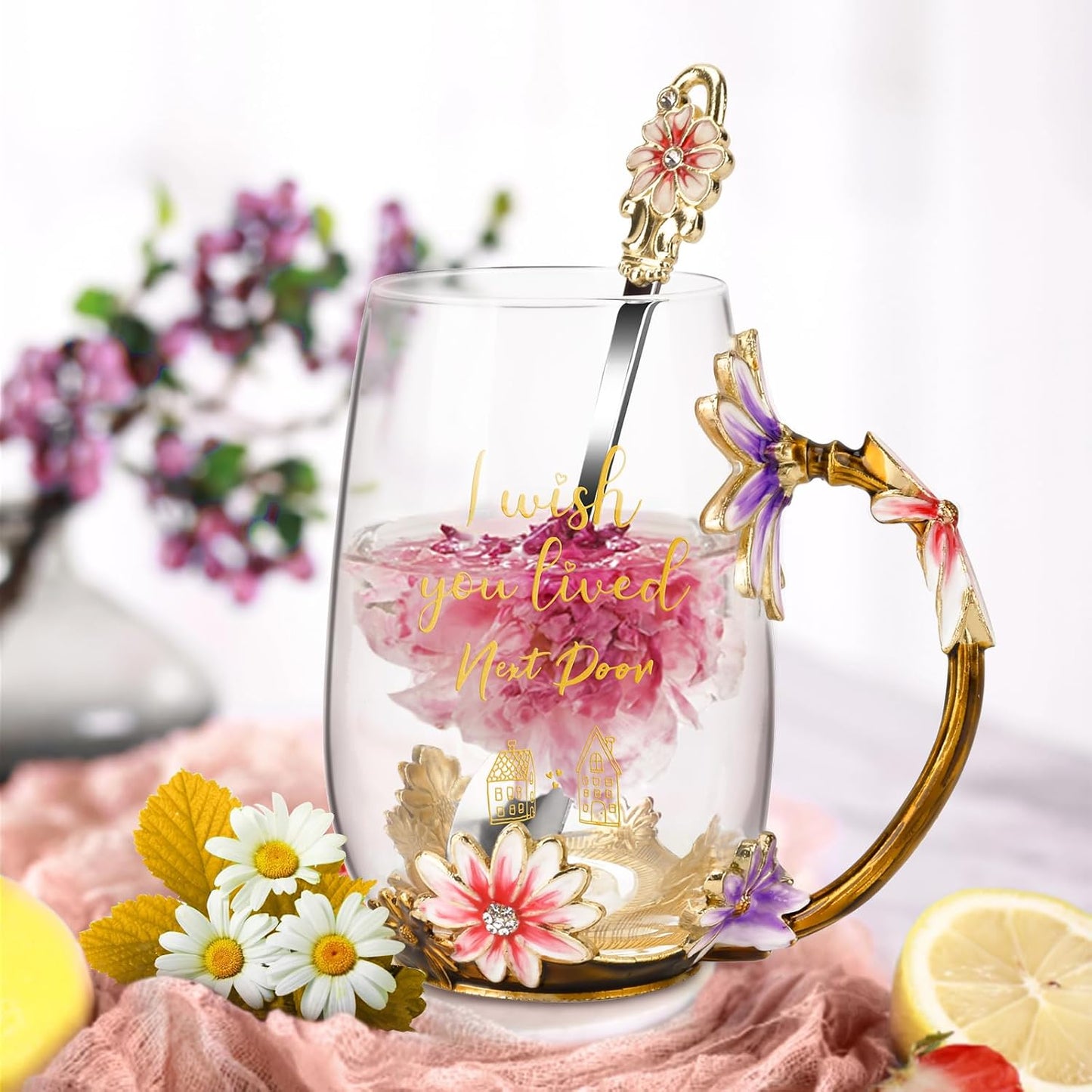 Enamel Glass Flower Tea Pot With Removable Loose Tea Leaf Infuser Tea Maker Teapot Set 30.4OZ Gifts for Women,Mom,Birthday