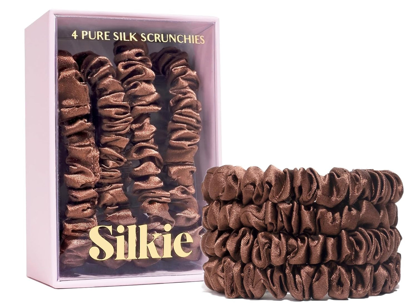 SILKIE x4 Set - Forget Satin - 100% Pure Mulberry Silk Black Brown Skinny Scrunchies Travel Pouch Everyday Hair Ties Elastics Hair Care Ponytail Holder No Damage (Chocolate)