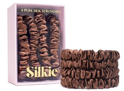 SILKIE x4 Set - Forget Satin - 100% Pure Mulberry Silk Black Brown Skinny Scrunchies Travel Pouch Everyday Hair Ties Elastics Hair Care Ponytail Holder No Damage (Chocolate)