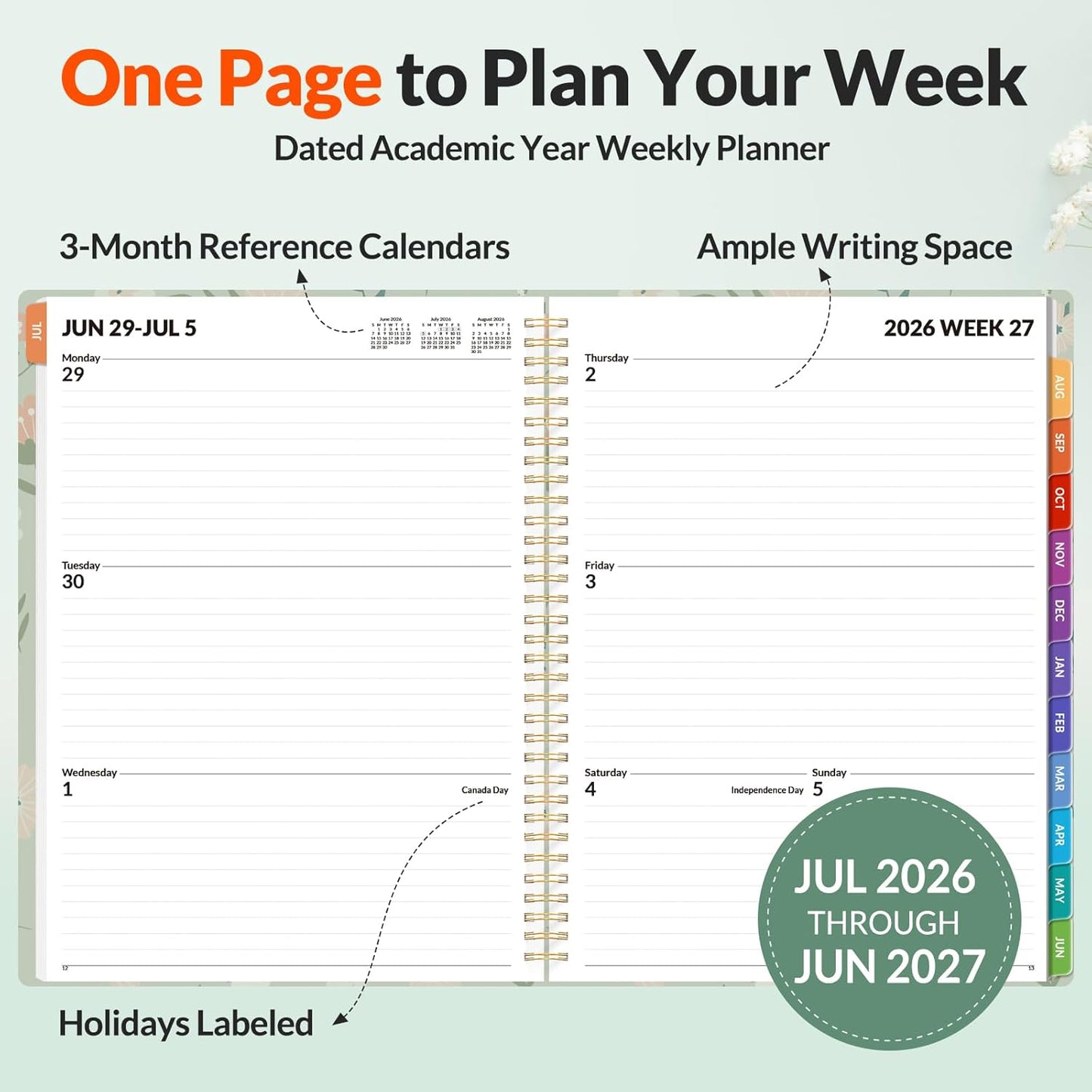 SUNEE Academic Planner 2026-2027 – Weekly & Monthly Planner, July 2026 to June 2027, 6.4"x8.3", Thick Paper, Tabs, Pockets, Bookmark, Spiral-Bound, Student Teacher Organizer, Black