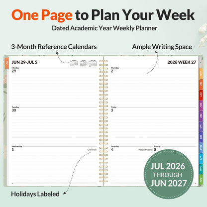 SUNEE Academic Planner 2026-2027 – Weekly & Monthly Planner, July 2026 to June 2027, 6.4"x8.3", Thick Paper, Tabs, Pockets, Bookmark, Spiral-Bound, Student Teacher Organizer, Black
