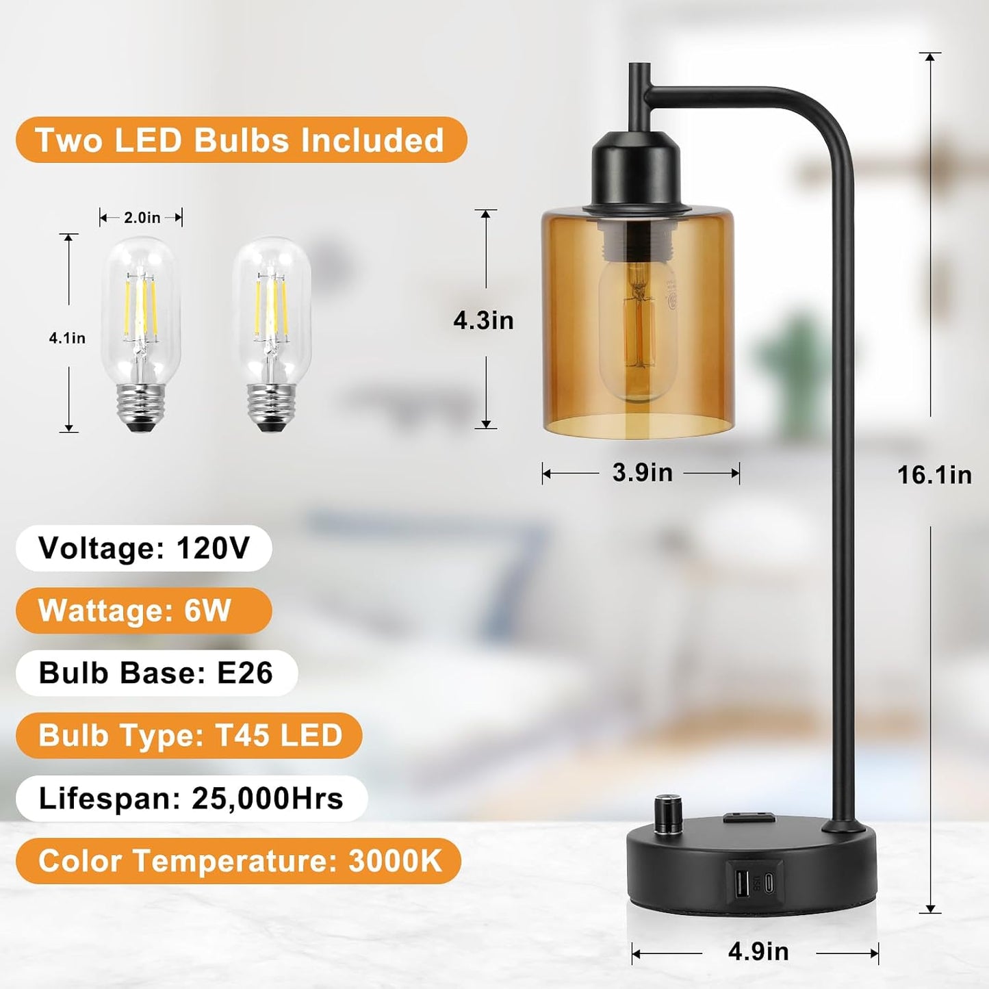Industrial Table Lamps for Bedrooms Set of 2 - Fully Dimmable Bedside Lamps with USB A and C Ports and Outlet, Black Nightstand Lamps with Glass Shade for Living Room, Desk Lamps for Office Reading
