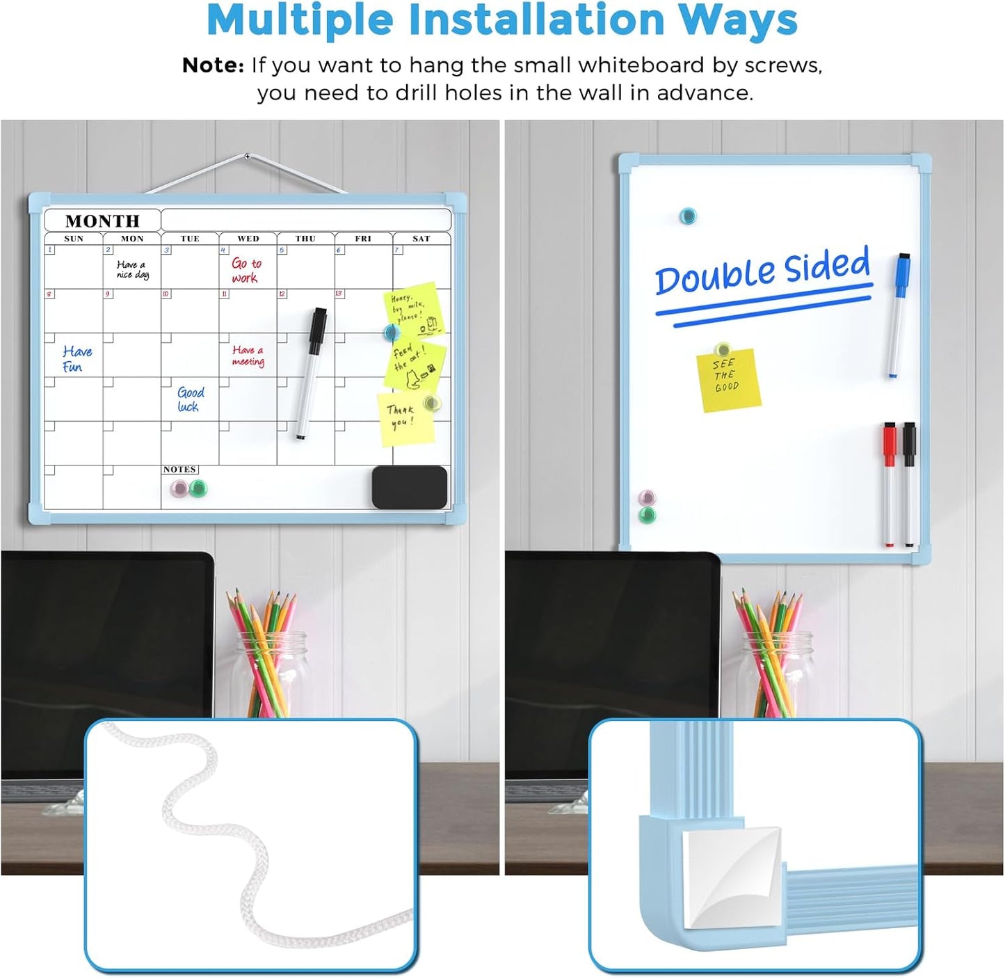 MaxGear Monthly Calendar Dry Erase Board for Wall, 16"x12", White Frame | Double-Sided, Hanging Small White Board, Portable Whiteboard for Planning, Drawing, Memo, to Do List, Home, Kitchen, Office