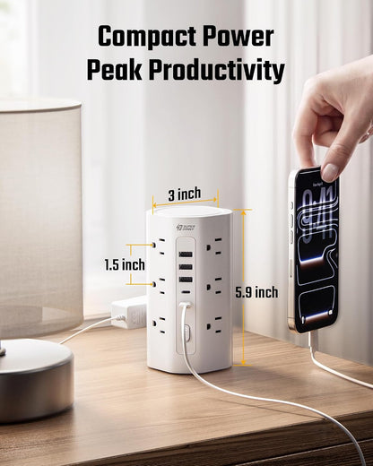 10Ft Tower Power Strip, Long Extension Cord, Flat Plug, 1700J, 12 AC 5 USB