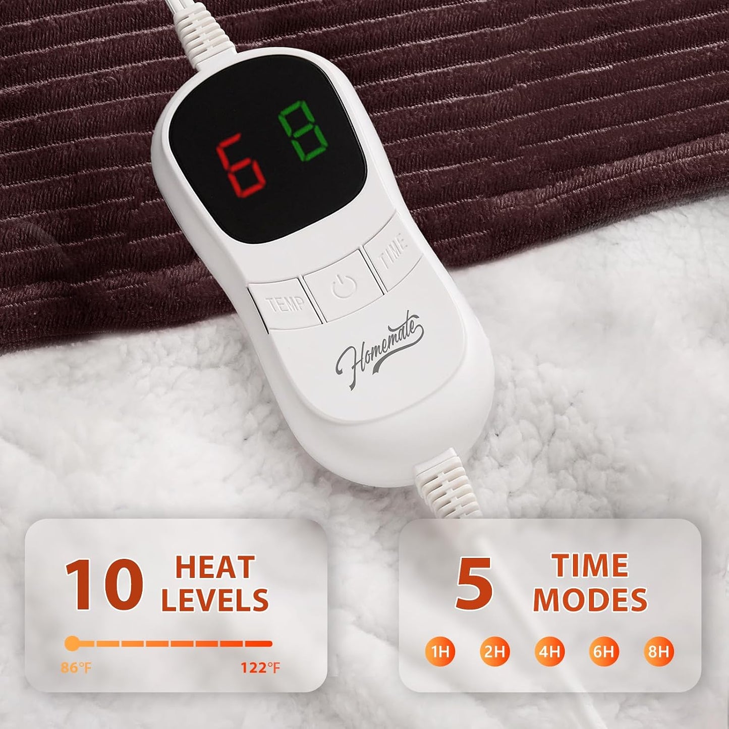 Homemate Heated Blanket Electric Throw - 50"x60" Heating Blanket Throw 1/2/4/6/8 Hours Auto-Off 10 Heat Levels Over-Heat Protection Soft Flannel Sherpa Heater ETL Certification
