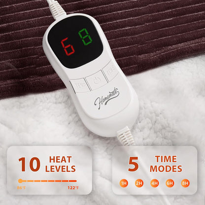 Homemate Heated Blanket Electric Throw - 50"x60" Heating Blanket Throw 1/2/4/6/8 Hours Auto-Off 10 Heat Levels Over-Heat Protection Soft Flannel Sherpa Heater ETL Certification