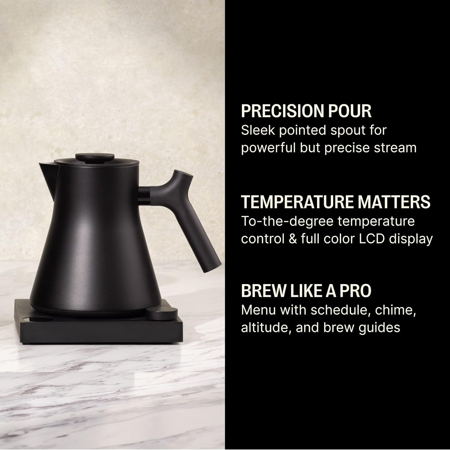 Fellow Corvo EKG Pro Electric Tea Kettle - Quick Heating, Precise Temperature Control Electric Kettle, Scheduling, Built-in Brew Timer for Boiling Water - Matte Black with Walnut Handle - 0.9 Liter