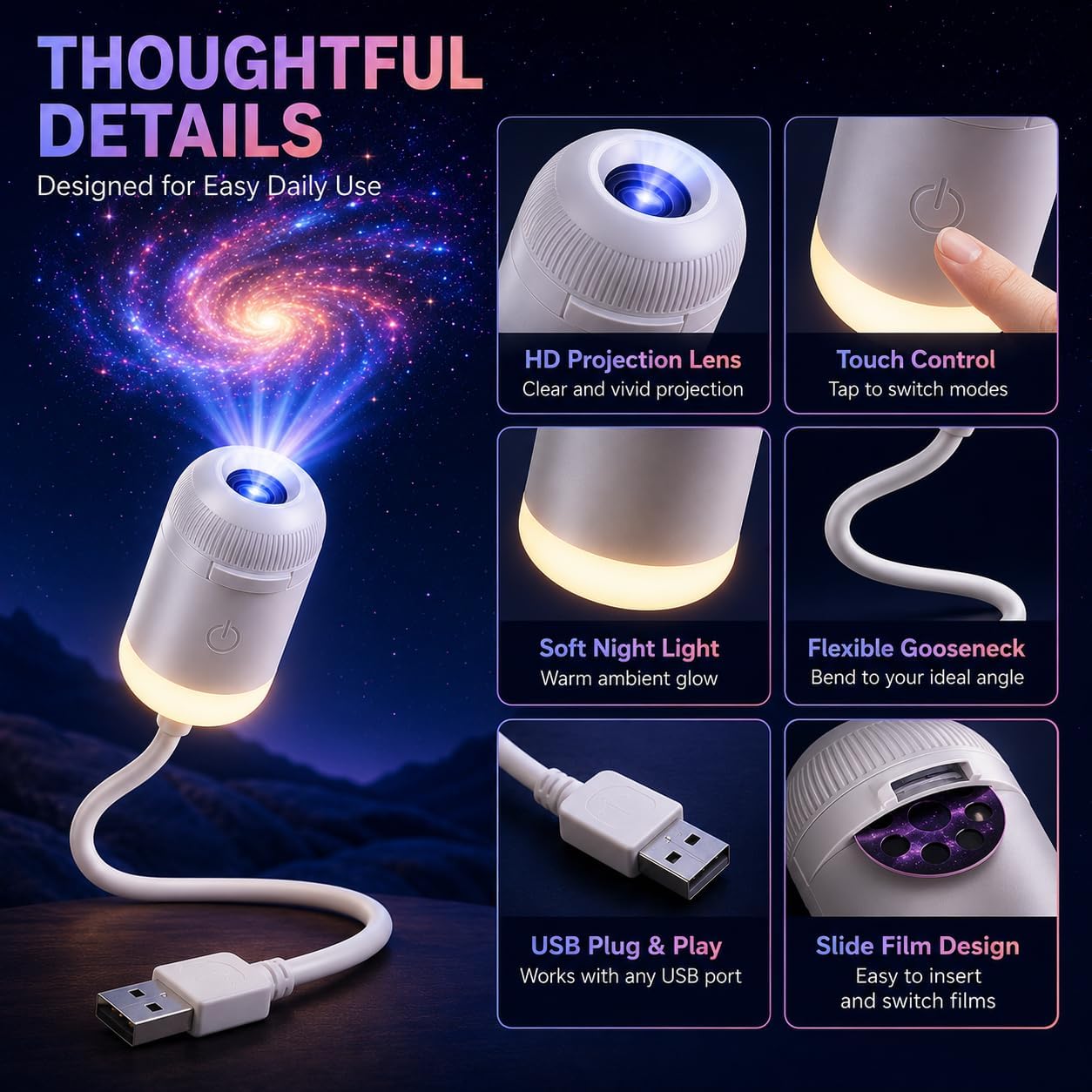 HD Smart Dynamic 5D Holographic Night Light Projector, Plug and Play Galaxy Star Projector, 360° Rotating USB Powered Ocean Wave Ceiling Light for Bedroom, Kids Room, Party Decor (24 Projection Films)