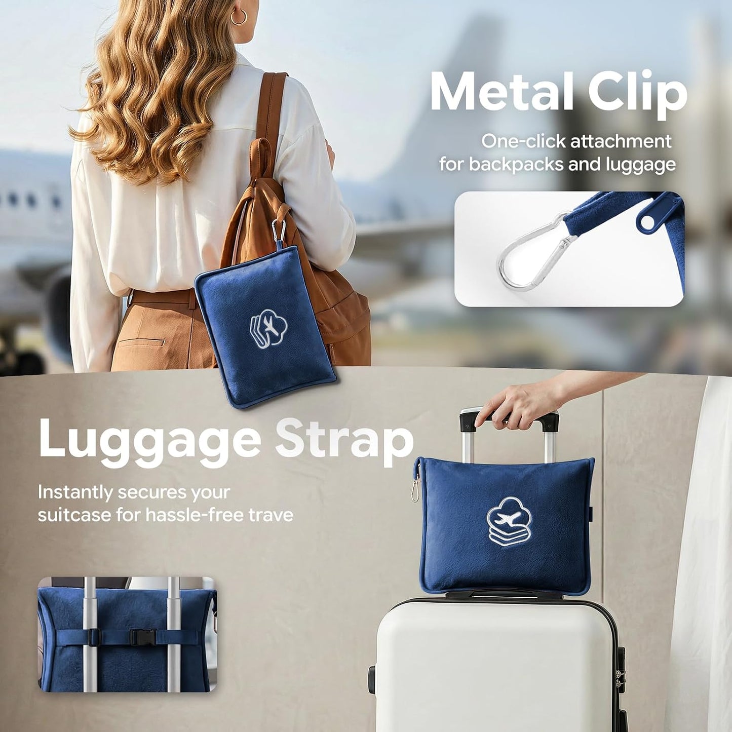 Travel Blanket, Soft 2-in-1 Airplane Blanket, 65x40 Inches, Travel Blanket Airplane Compact with Bag, Car Blanket with Luggage Sleeve & Backpack Clip (Light Grey)