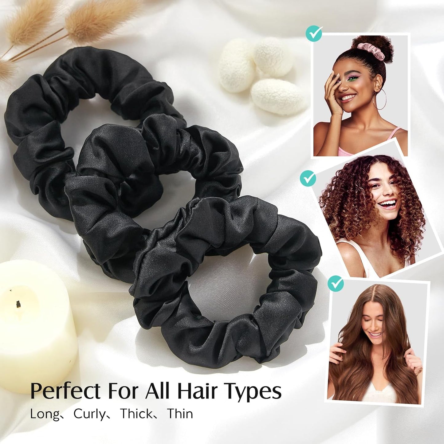 YFONG 3 PCS 100% Mulberry Silk Scrunchies for Women Girls, 22 Momme Soft Hair Ties for Frizz & Breakage Prevention, Elastic Ponytail Holders Gentle And No hurt, (Pink+Champagne+Plum Purple)