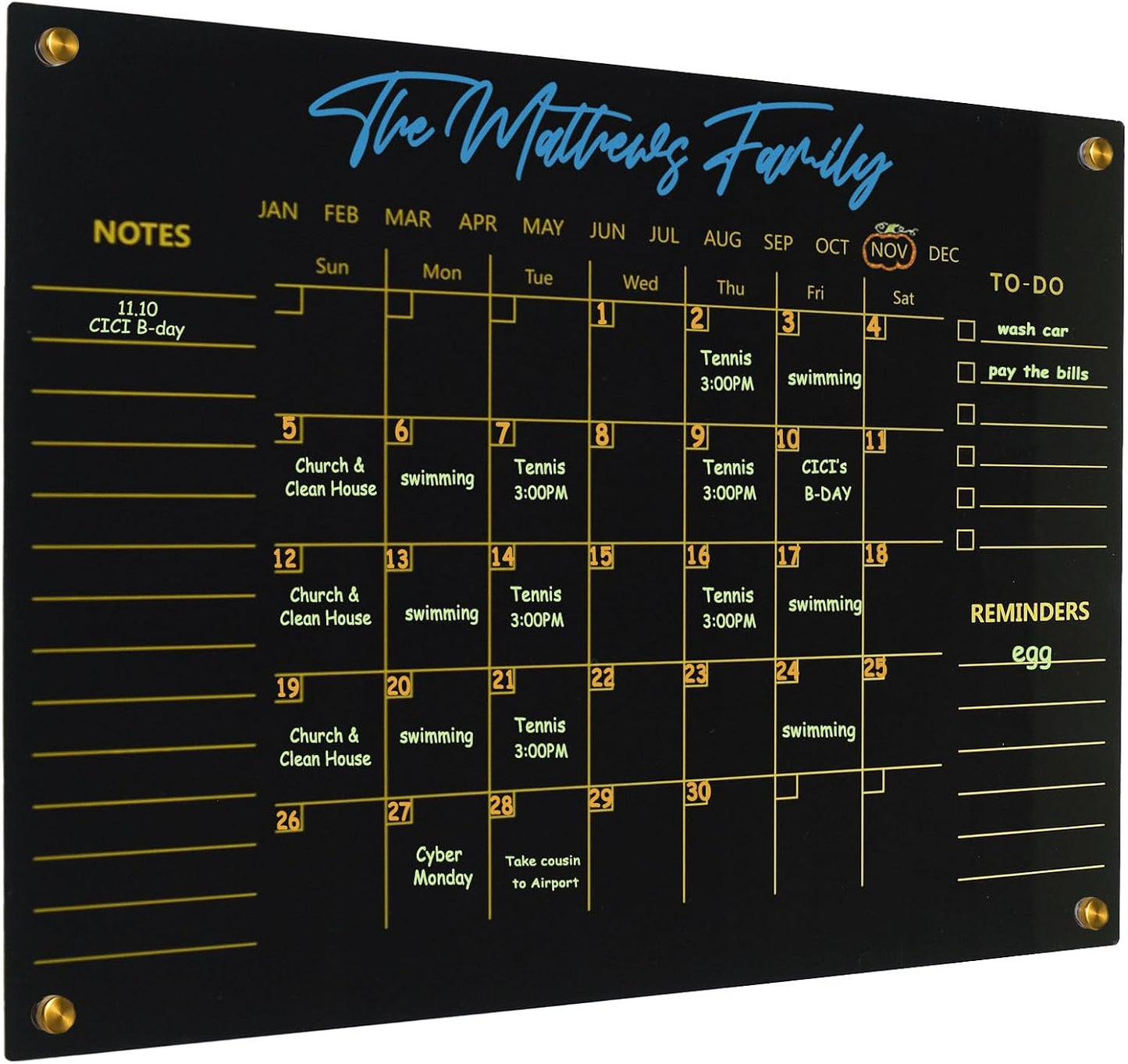 Black Acrylic Calendar Dry Erase for Wall, Family Planner, Monthly Calendar Dry Erase Whiteboard for Home, Office, 17" x 13"Reusable White Board(Acrylic-BK-3343)