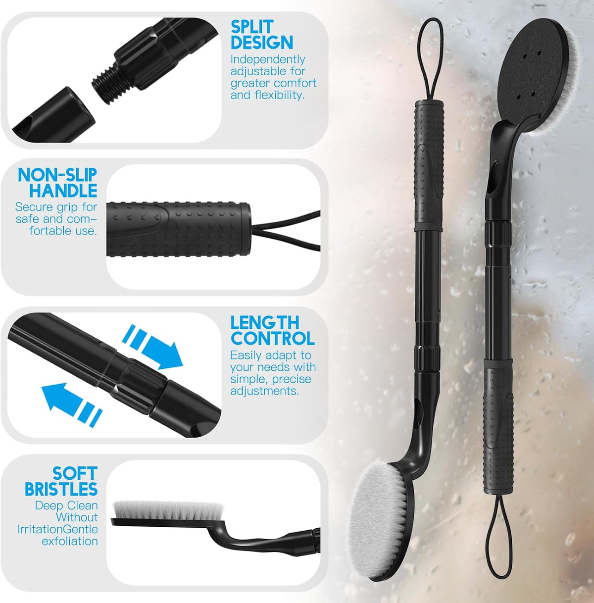 Back Scrubber for Shower with Long Handle, Dual-Sided Bath Brush for Wet & Dry Brushing, Soft & Stiff Bristles Body Exfoliator, Adjustable Detachable Shower Brush for Back, Legs & Feet