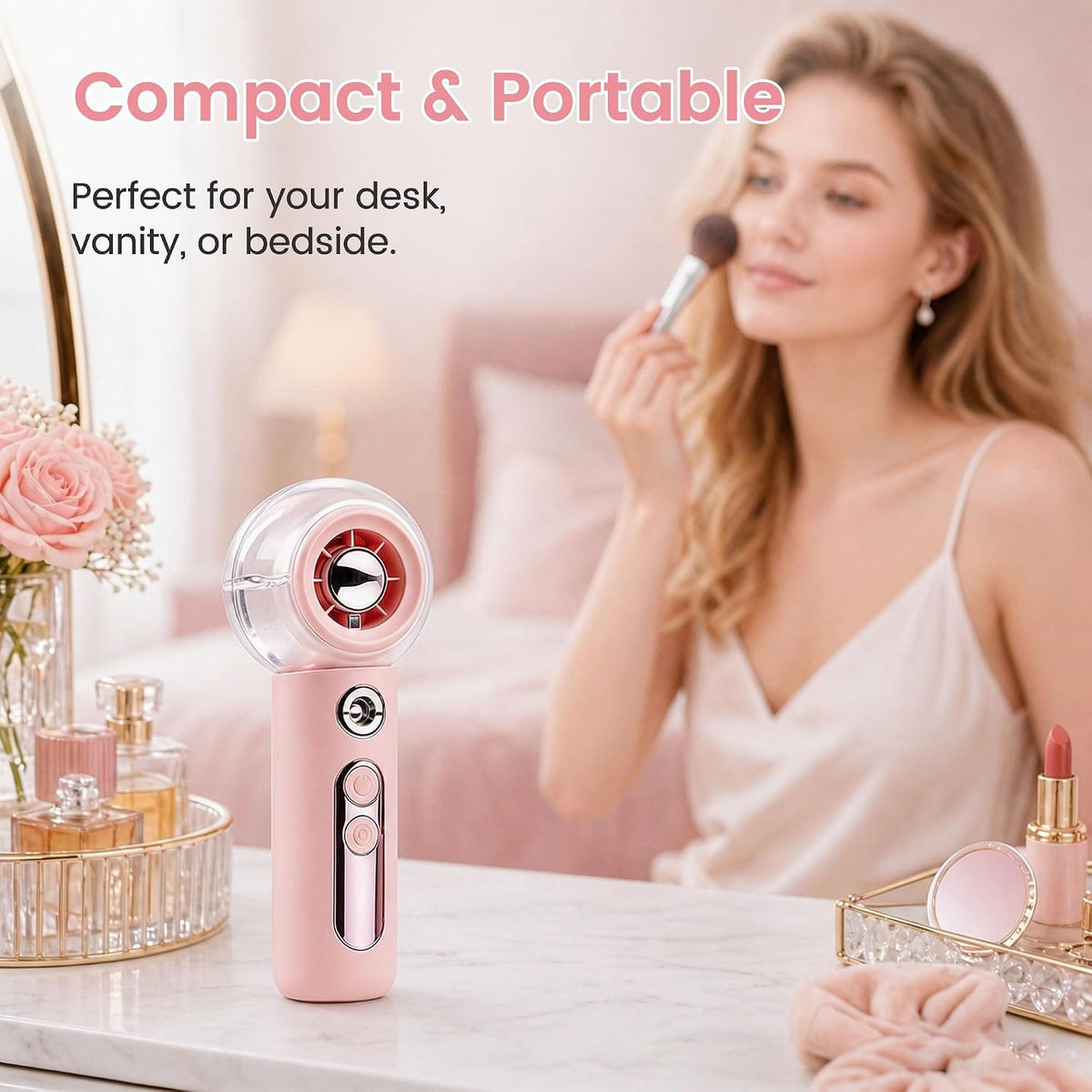 Handheld Portable Fan with Misting,High-Speed Brushless Motor,Ultra Long Lasting Rechargeable Battery,Personal Fans Portable Rechargeable,Suitable for Travel,Camping, Beach and Office Desk,Gift (PINK)