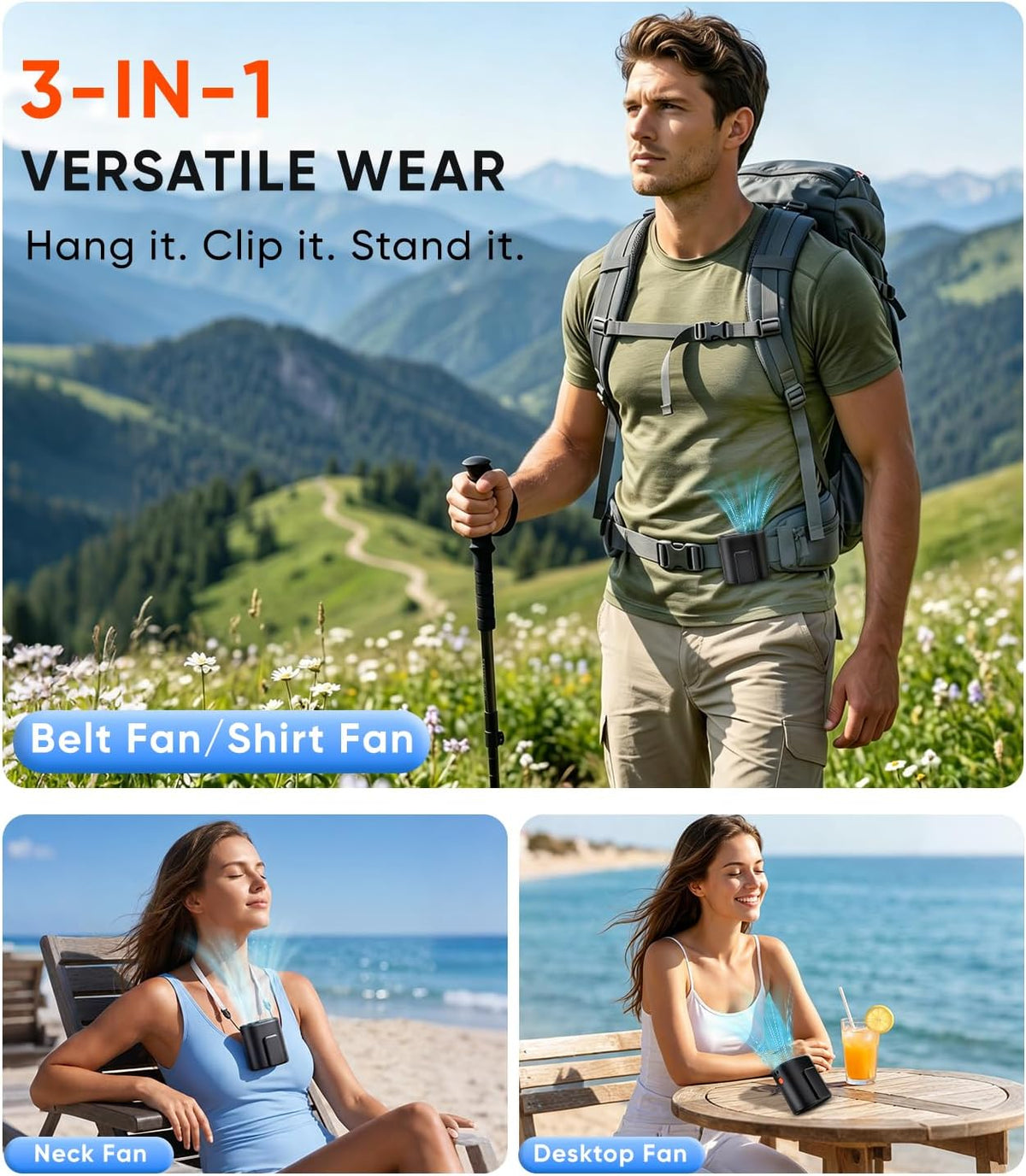 AI Portable Waist Fan, 15,000RPM, 30H Cooling Hands-Free Personal Fan