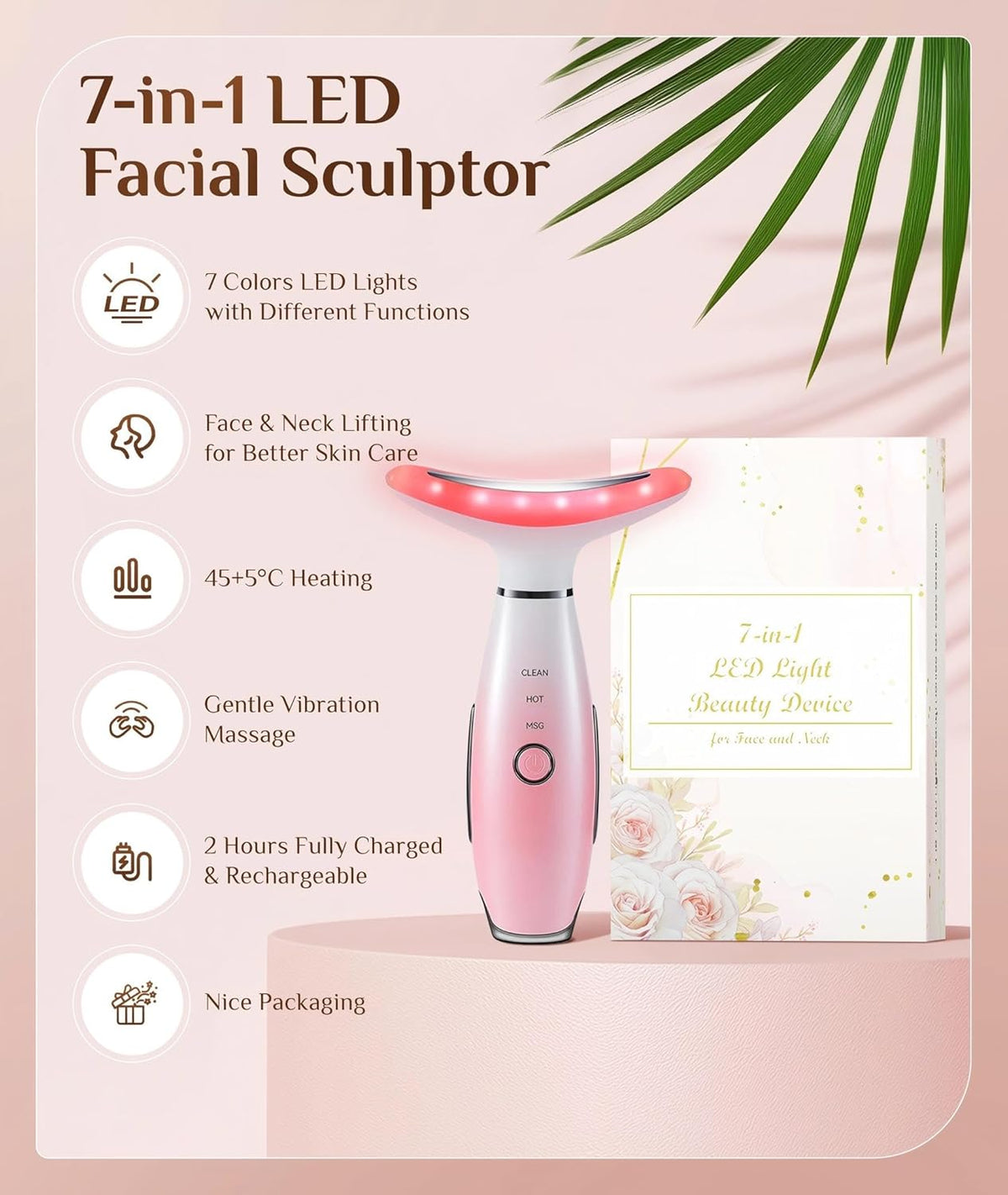 Dopsikn 7 Color Galvanic Machines - Red Light Therapy for Face and Neck, Face Massager Tool for Wrinkles, Double Chin, Vibrating Facial Massager with Thermals, Pink