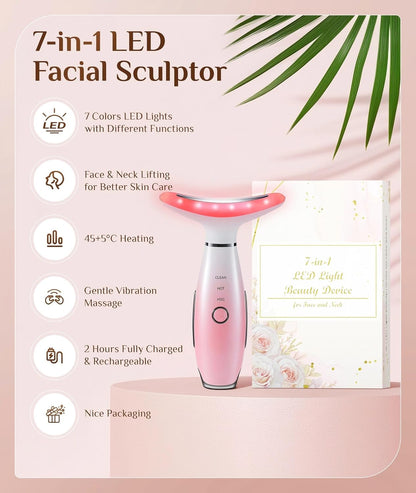 Dopsikn 7 Color Galvanic Machines - Red Light Therapy for Face and Neck, Face Massager Tool for Wrinkles, Double Chin, Vibrating Facial Massager with Thermals, Pink