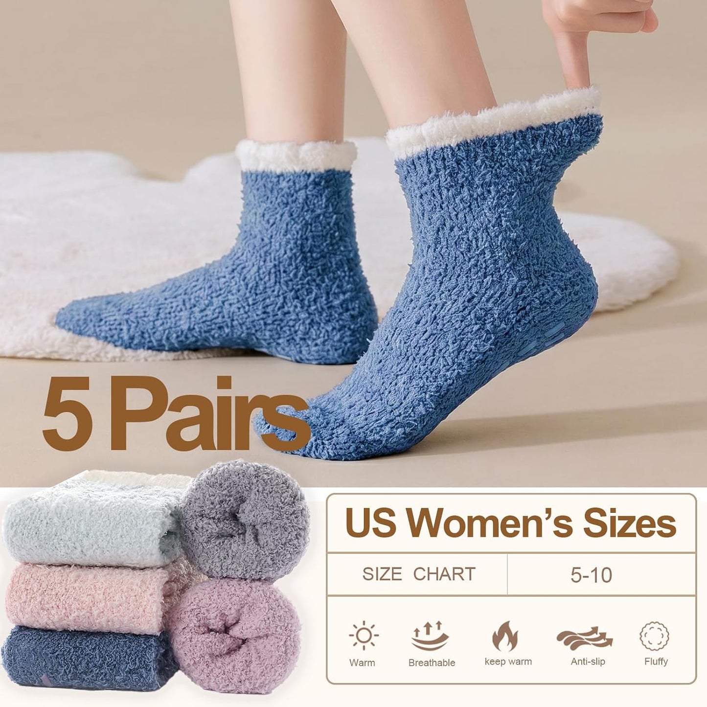 5 Pairs Fuzzy Socks with Grips for Women, Non Slip Cozy Fluffy Soft Socks, Winter Sleep Slipper Hospital