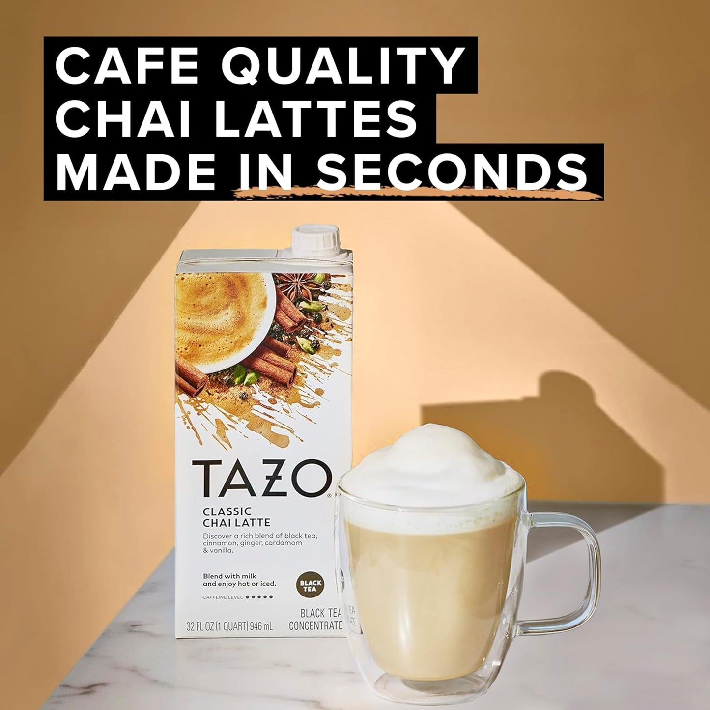 TAZO Classic Chai Latte Concentrate 32 oz Carton - Premium Caffeinated Black Tea with Cinnamon, Ginger, Cardamom and Vanilla Spices for Hot or Iced Chai Tea Lattes
