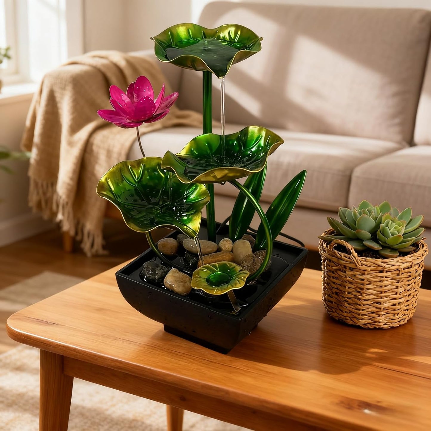 AOZITA Tabletop Fountain, Indoor Waterfall Fountain, Small Home Décor Zen Relaxation Soothing Sound Machine for Office, Living Room, or Bedroom,Blue Metal Lotus with Bud, River Rocks,Round LED