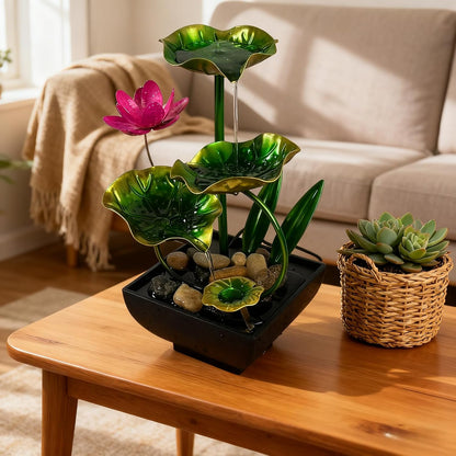 AOZITA Tabletop Fountain, Indoor Waterfall Fountain, Small Home Décor Zen Relaxation Soothing Sound Machine for Office, Living Room, or Bedroom,Blue Metal Lotus with Bud, River Rocks,Round LED
