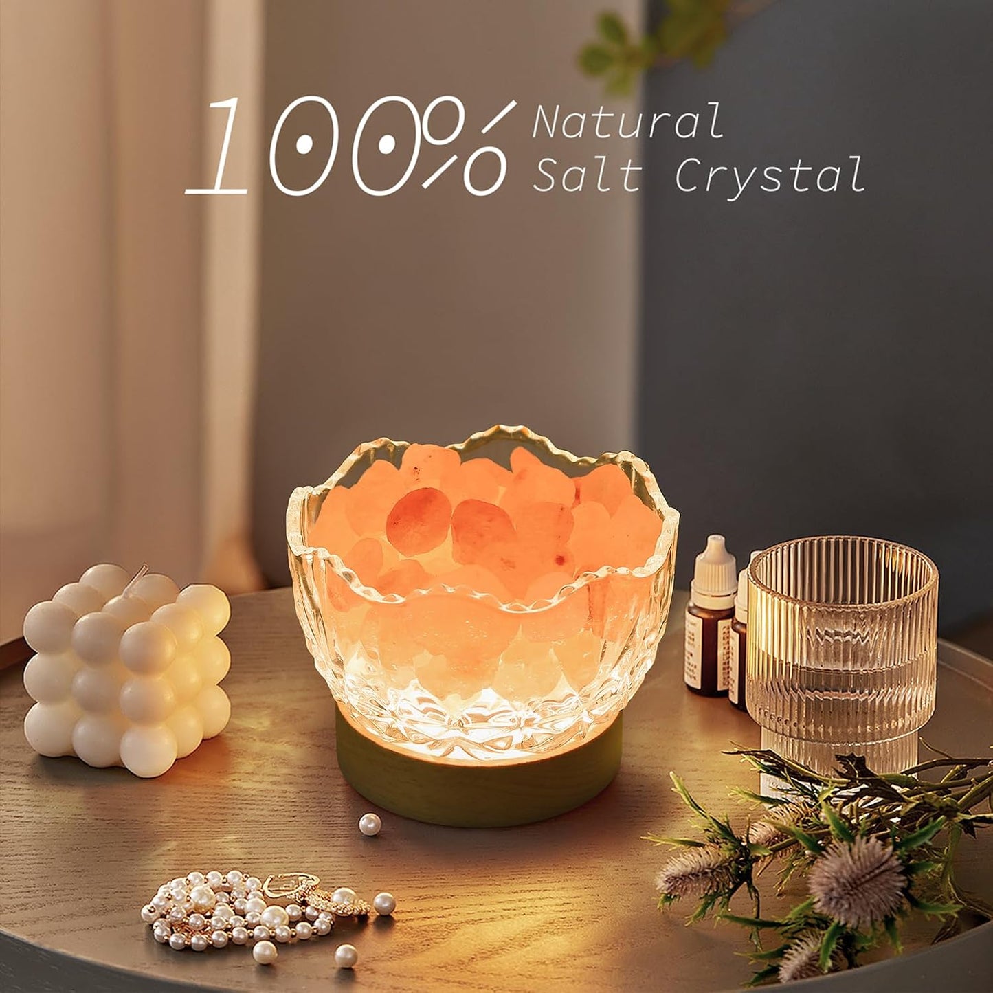 Himalayan Salt Lamp, Pink, Wooden Base, 10 Levels of Light Intensity Adjustment, USB Plug, 1 Year Warranty