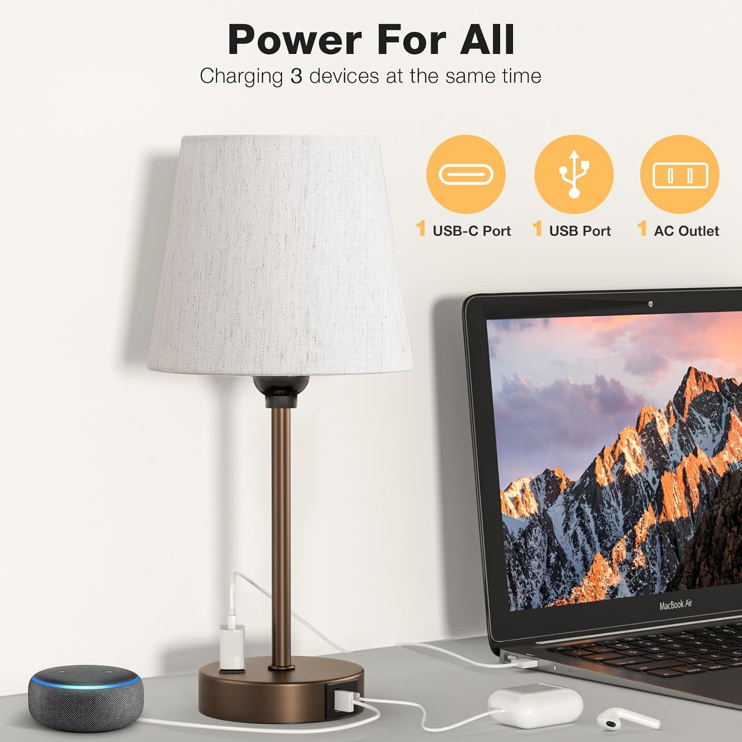 Mini Bedside Lamps for Bedrooms Set of 2 - Nightstand Bedroom Lamps with USB C Port and AC Outlet Charging, Dimmable Touch Small Bed Side Table Lamp, Black Night Stand Light for Kids/Guest Room