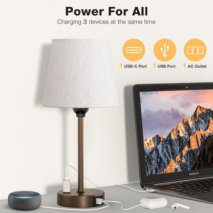 Mini Bedside Lamps for Bedrooms Set of 2 - Nightstand Bedroom Lamps with USB C Port and AC Outlet Charging, Dimmable Touch Small Bed Side Table Lamp, Black Night Stand Light for Kids/Guest Room