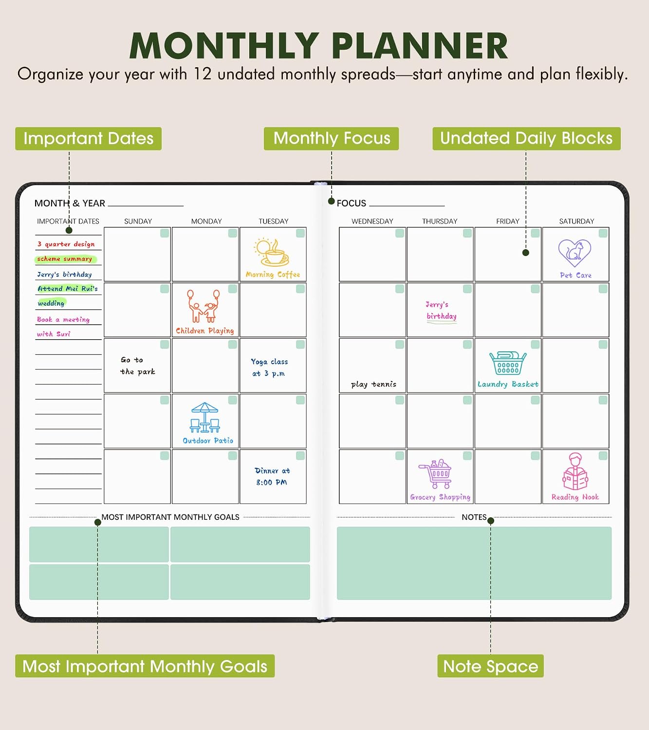 Undated Weekly and Monthly Planner, Hardcover Leather Calendar Blank Planner, Simplified To Do List Notebook with Goal & Habit Tracker Organizer, A5 Daily Weekly Planner for Work School Home, Black