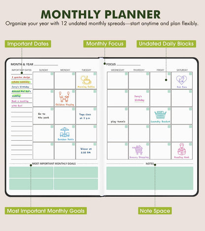 Undated Weekly and Monthly Planner, Hardcover Leather Calendar Blank Planner, Simplified To Do List Notebook with Goal & Habit Tracker Organizer, A5 Daily Weekly Planner for Work School Home, Black