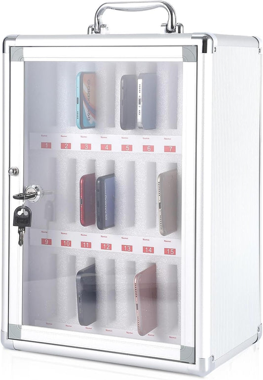 24 Slots Cell Phone Locker, Aluminum Alloy Portable Phone Storage Cabinet, Wall-Mounted Lock Box with Handle for Classroom Office Employees