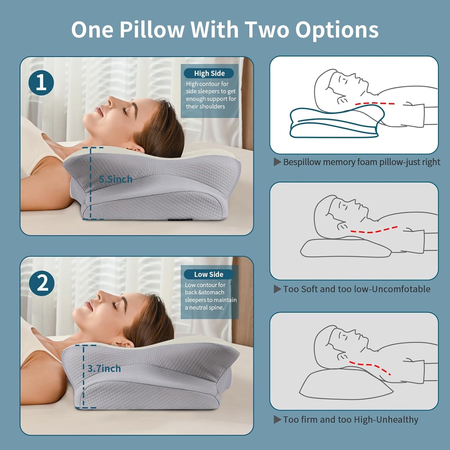 Cervical Neck Pillow for Pain Relief - Ergonomic Side Sleeper Pillow for Neck Support, Cooling Memory Foam Pillows, Contour Pillow Orthopedic Bed Pillow for Back Stomach Sleepers (Dark Grey)